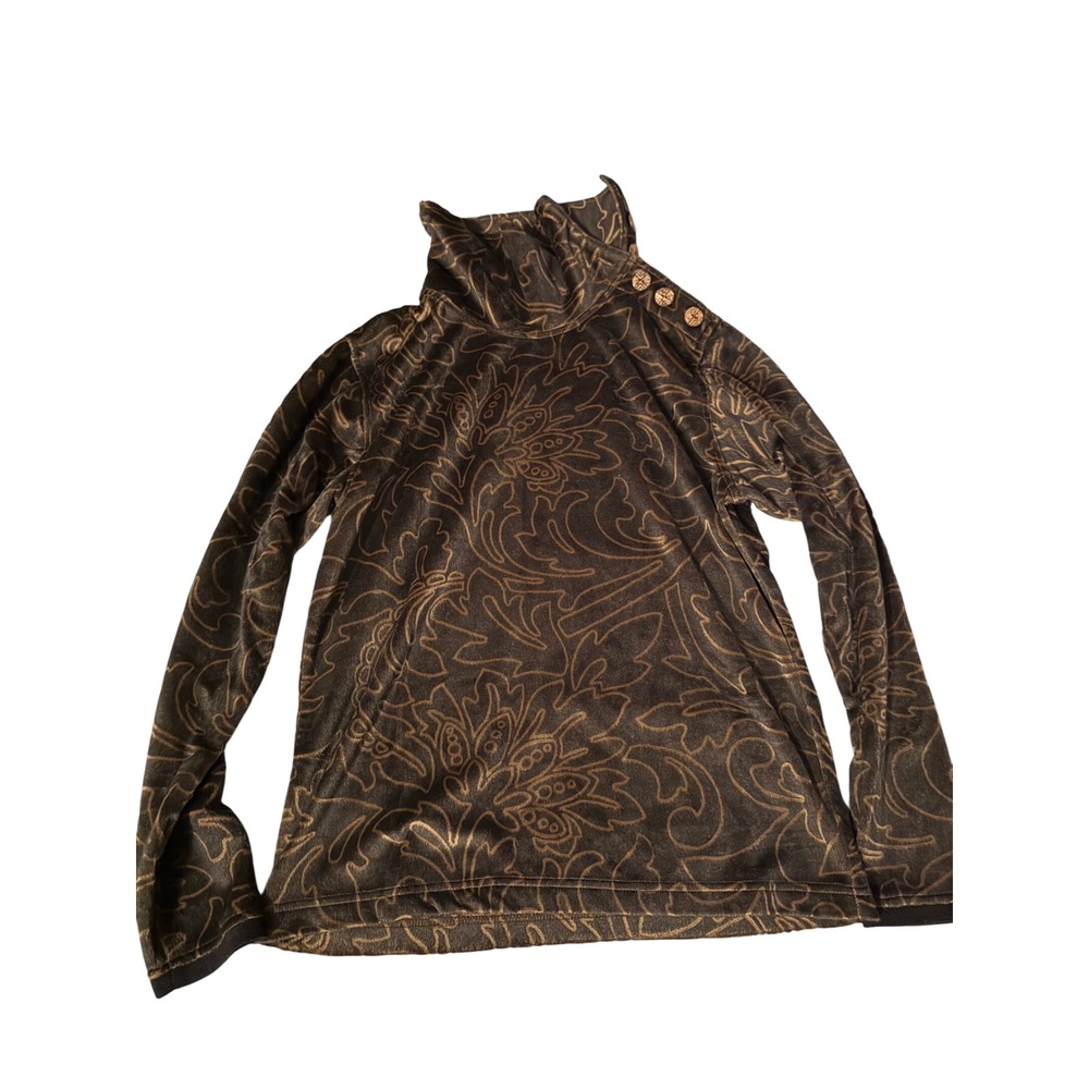 Wooly Bully Wear Colorado Fleece Funnel Neck Floral Scroll Pullover Top Brown M